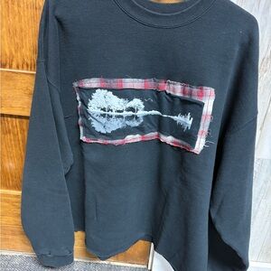 Black Graphic Sweatshirt with Plaid Detail